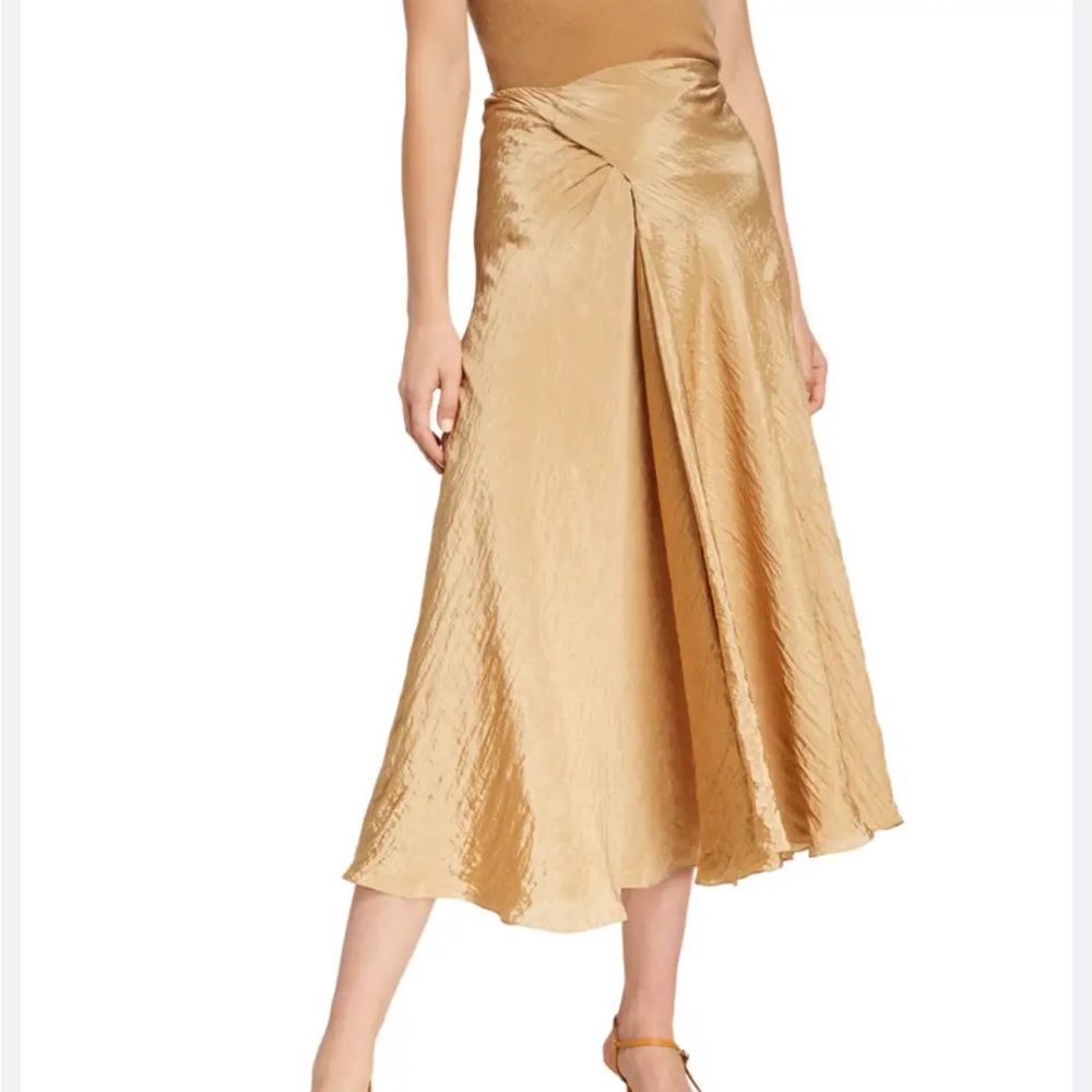 Vince Textured Drape Midi Skirt in Sun Khaki / Gold A-Line midi skirt with twist